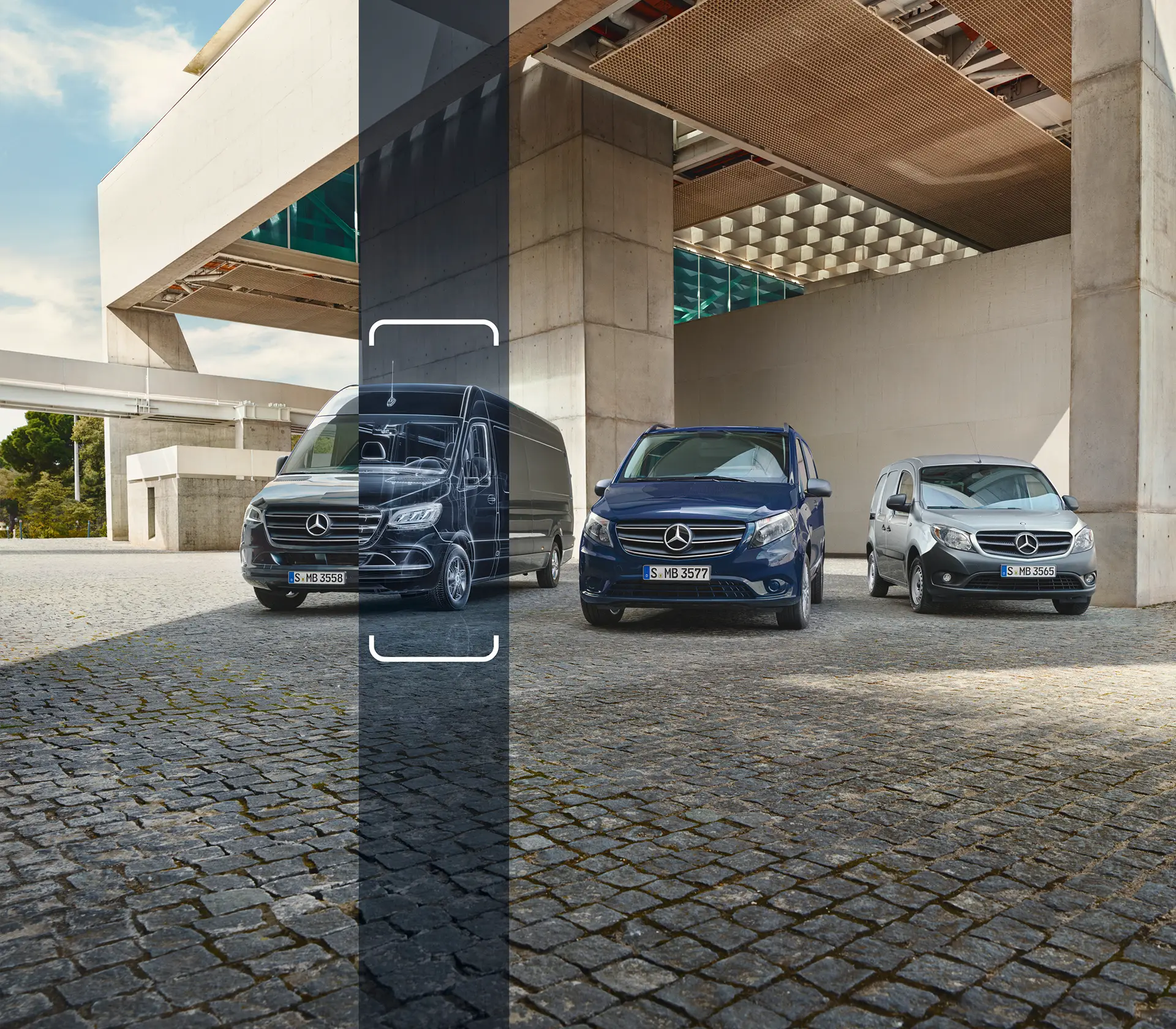 Drei Junge Sterne Transporter von Mercedes-Benz. Visualisierung eines Röntgenbildes, sodass man den einwandfreien Zustand erkennt